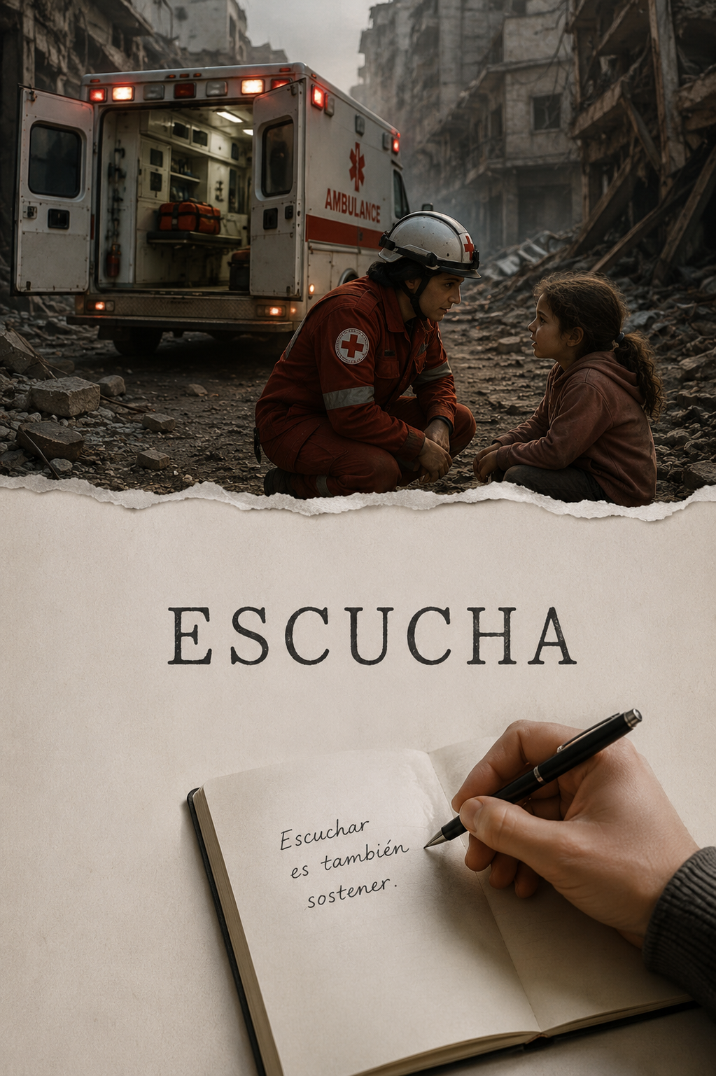 Una ambulancia en una calle destruida y una persona de emergencias que escucha a una niña; abajo, una libreta con la frase manuscrita «Escuchar es también sostener». La palabra ESCUCHA ocupa un espacio amplio.