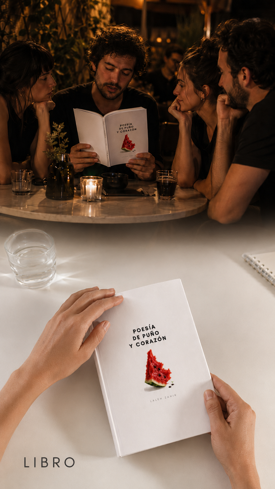 Páginas sueltas que van encontrando orden hasta convertirse en el ejemplar físico; dos manos colocan el libro terminado sobre una mesa blanca, con cuidado. LIBRO se construye letra a letra.