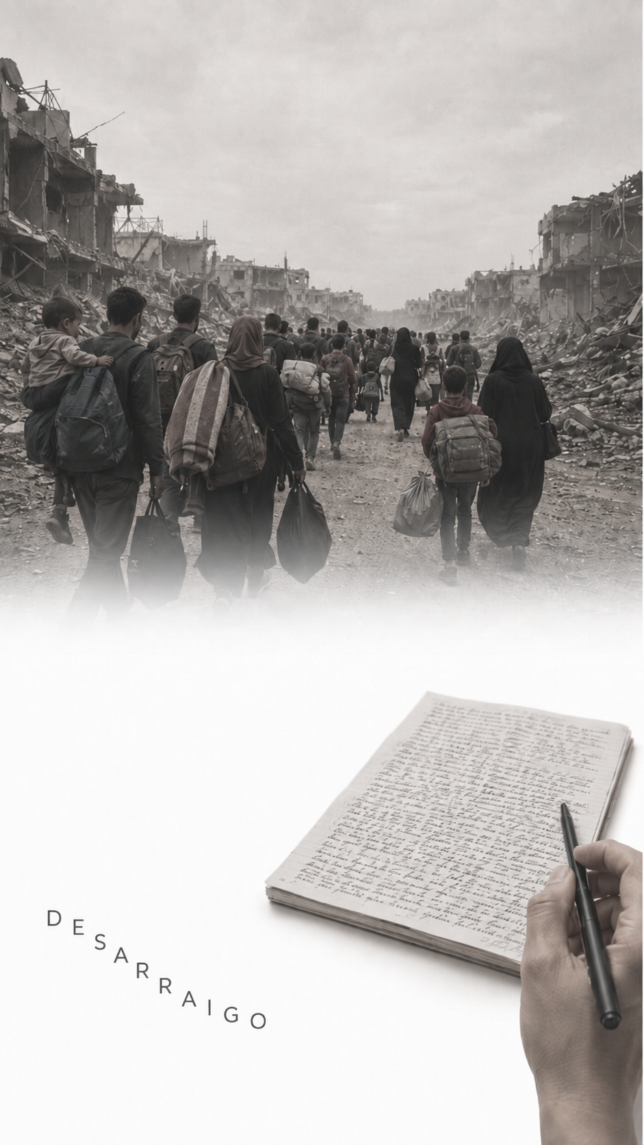 Una procesión de personas se aleja de sus casas entre ruinas con bolsas y mantas, de espaldas, por caminos de polvo; el destino no se ve. DESARRAIGO cae desde la izquierda siguiendo una curva cóncava.