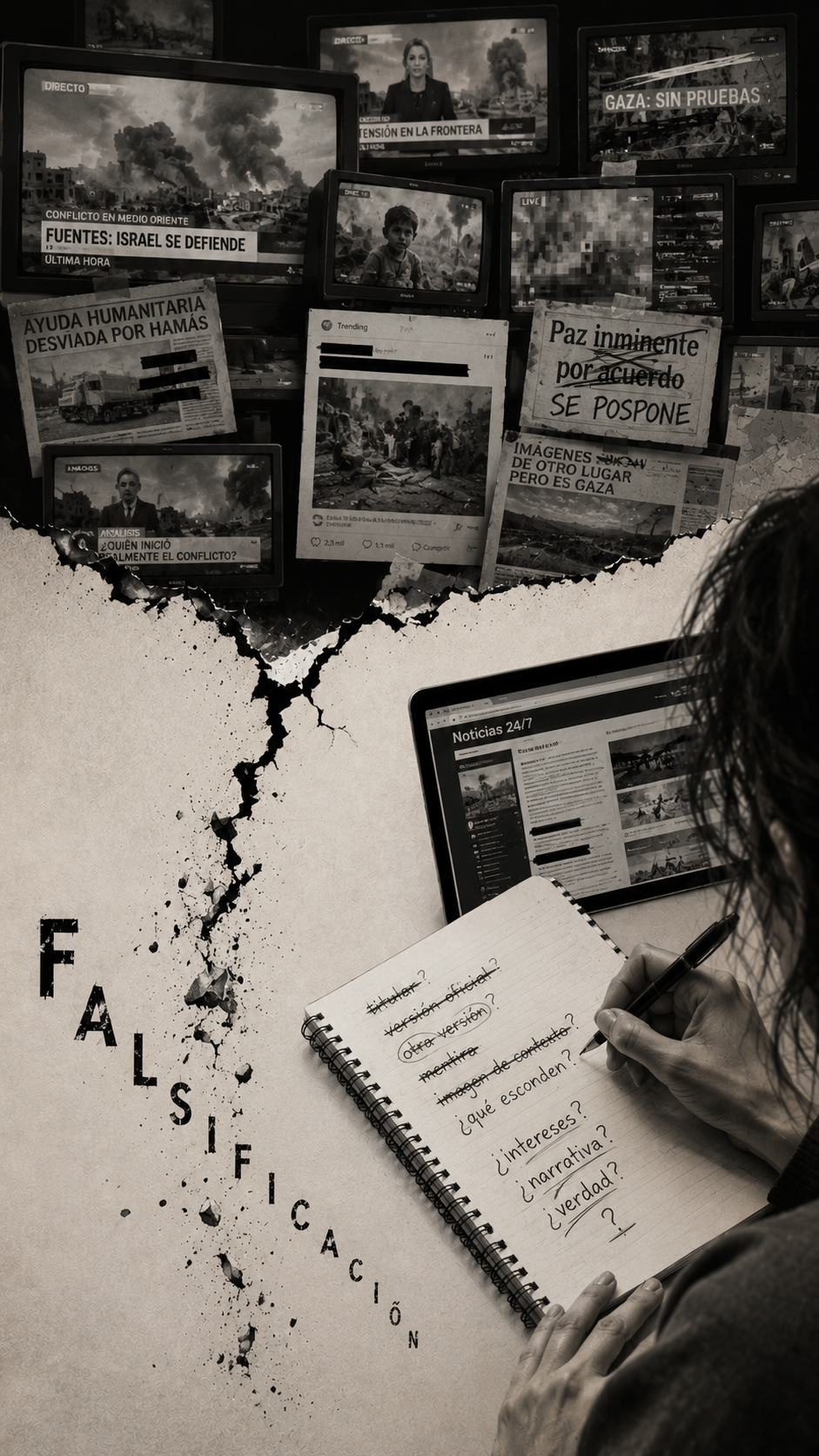 Pantallas y recortes con titulares contradictorios, imágenes tachadas y recortadas; abajo, una mano toma notas con interrogaciones y versiones tachadas. FALSIFICACIÓN desciende como una escalera inestable.