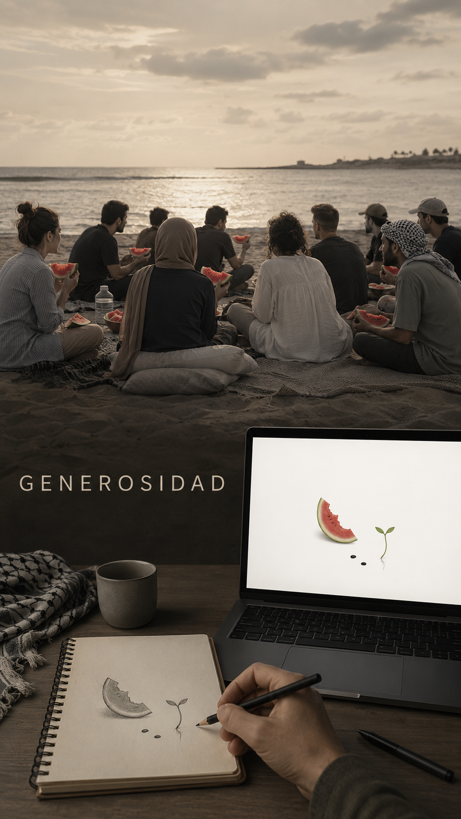 Una sandía se disuelve en pulpa, agua y semillas hasta encontrar el fragmento sobrio de la portada; una mano ajusta el trozo de sandía, las dos semillas en diagonal y el brote mínimo. GENEROSIDAD respira y se abre.