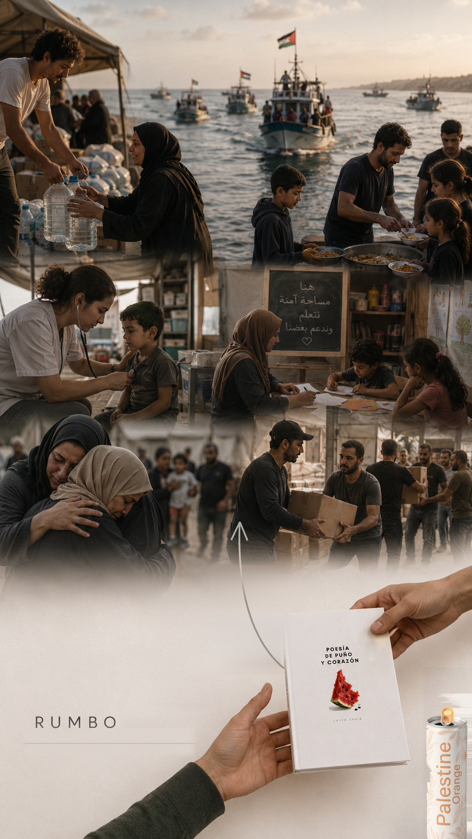 Escenas de cuidado —agua, alimento, escuela, atención sanitaria y refugio— sobre unas manos que se pasan el libro; en el ángulo inferior derecho, apoyada en la misma mesa y cortada por el borde de la imagen, se percibe una lata abierta de Palestine Orange con la anilla levantada. Una flecha suave asciende desde el libro hacia esas escenas. RUMBO actúa como un cauce que sale de la página.