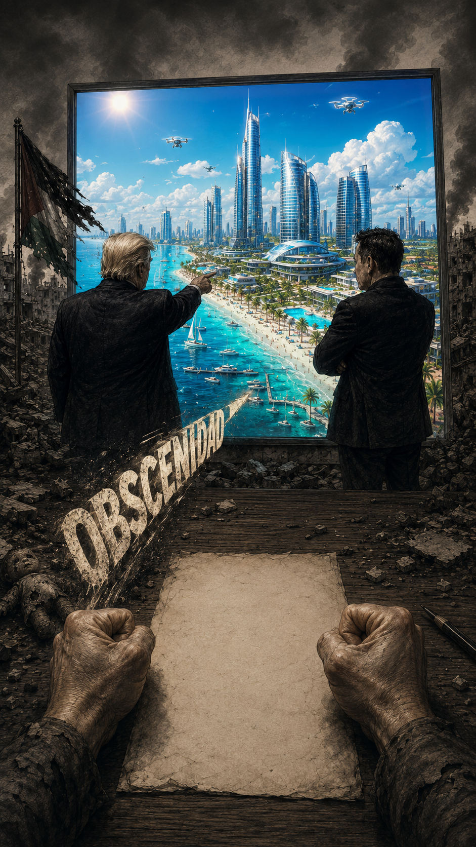 Ruinas de Gaza invadidas por una imagen artificial de resort: tumbonas, palmeras y carteles de inversión superpuestos de forma brutal. OBSCENIDAD se mezcla con tipografía publicitaria que se deteriora.