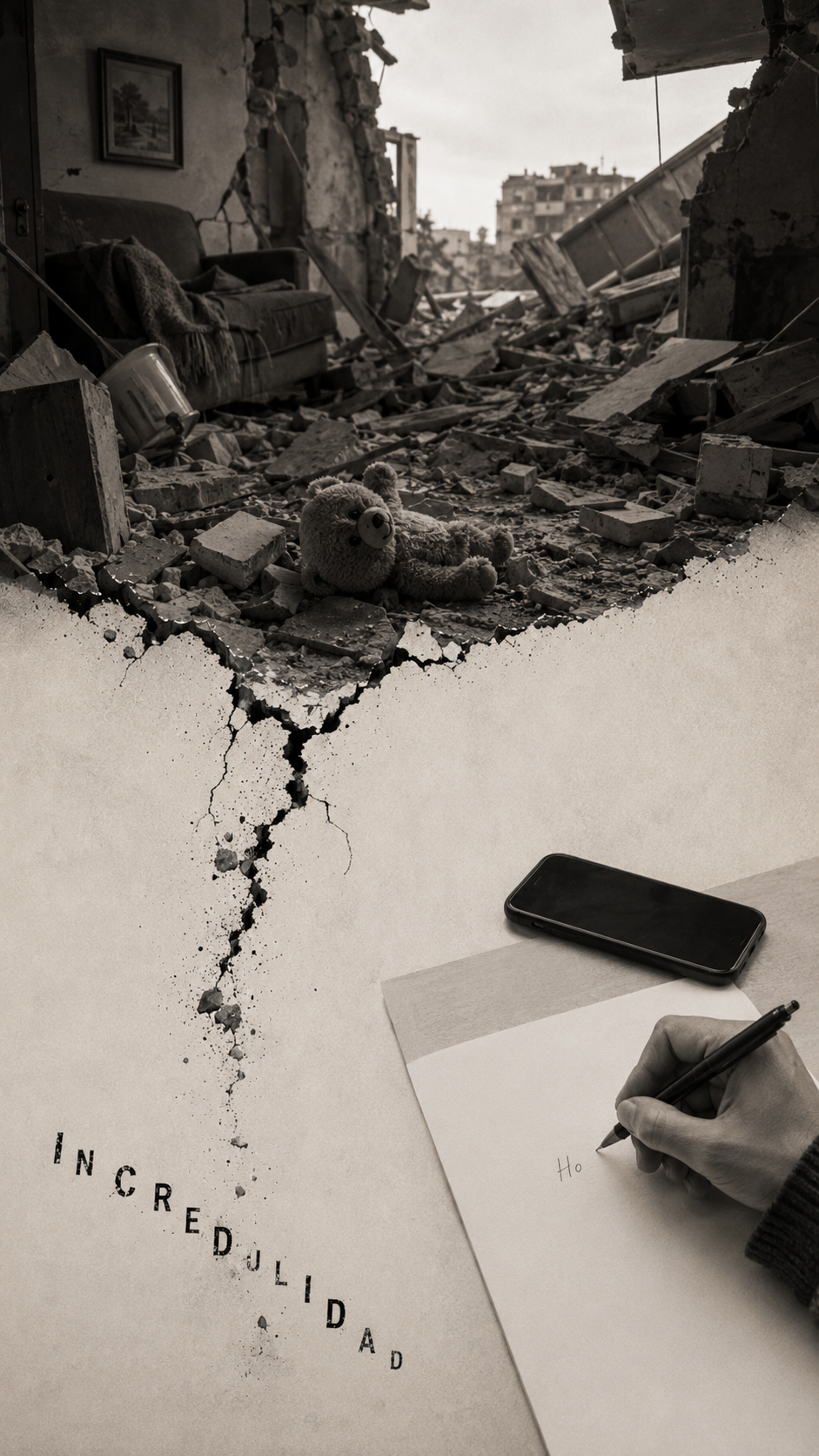 Una habitación familiar en ruinas con un peluche semienterrado; abajo, el móvil apoyado en una mesa y una mano que escribe las primeras palabras. Las letras de INCREDULIDAD no terminan de asentarse.