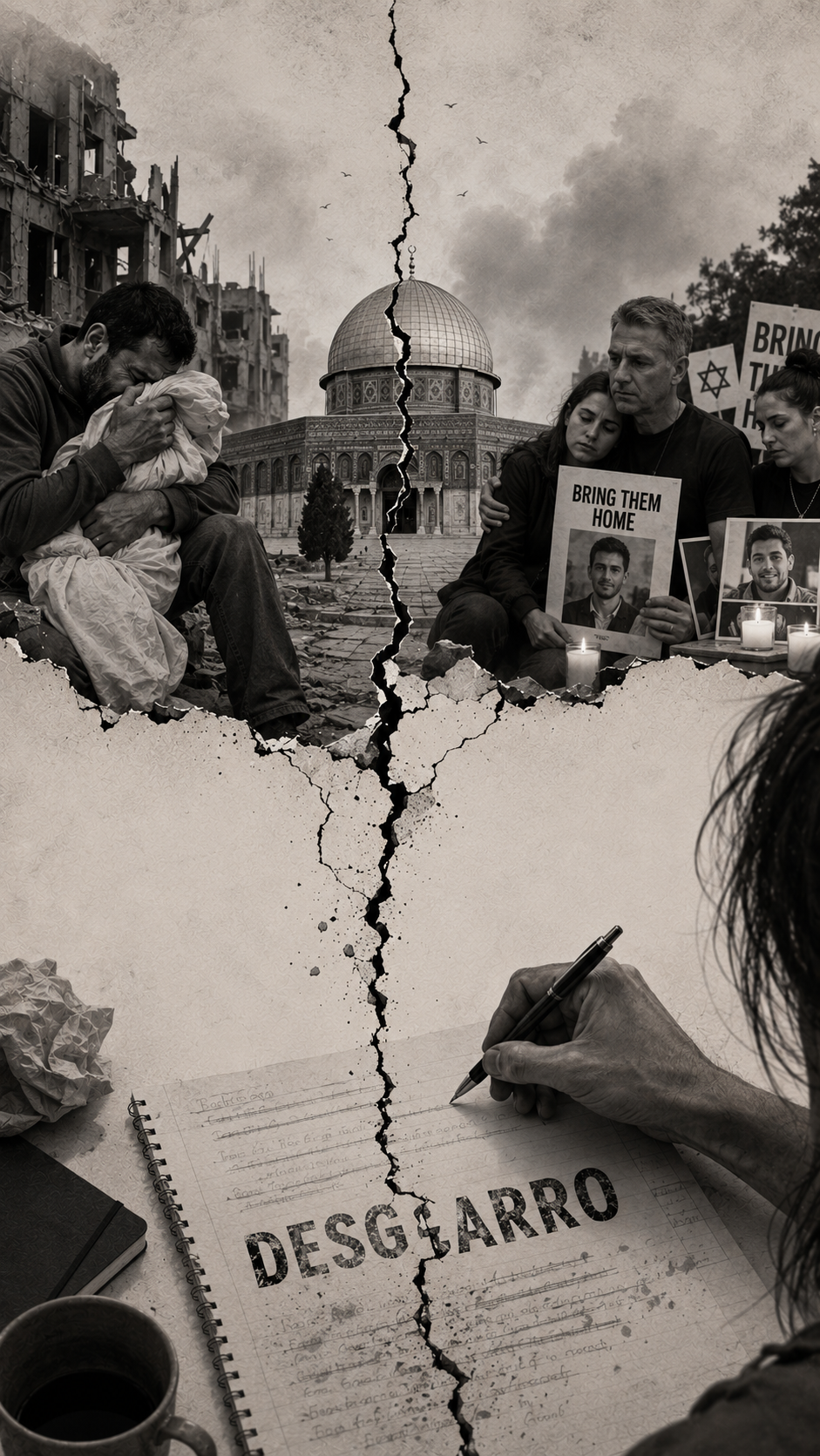 A la izquierda, un padre palestino en duelo abraza un bulto envuelto; a la derecha, una familia judía reclama a sus seres queridos con fotografías y velas; en el centro, Al Aqsa atravesada por una grieta vertical. DESGARRO se parte por esa misma fisura.