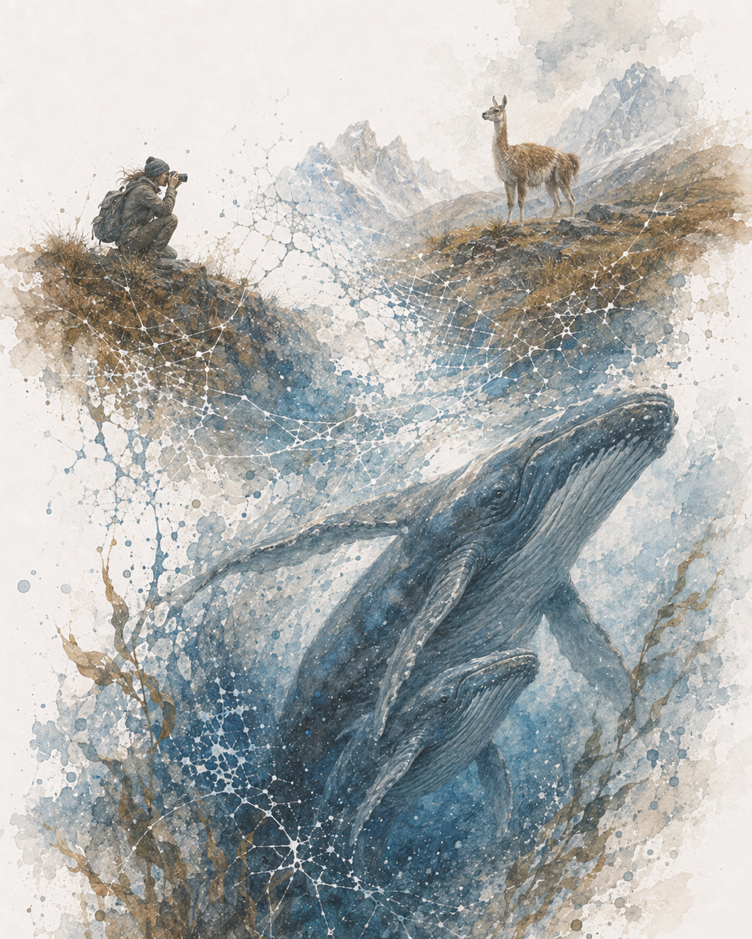Acuarela: una fotógrafa en un acantilado y un guanaco frente a dos ballenas envueltas en una red de puntos luminosos
