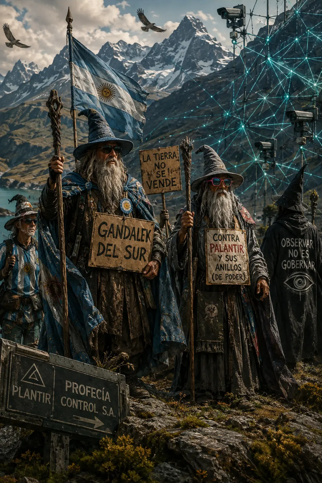 Acuarela: los Gandalfs del Sur sostienen carteles reivindicativos entre montañas