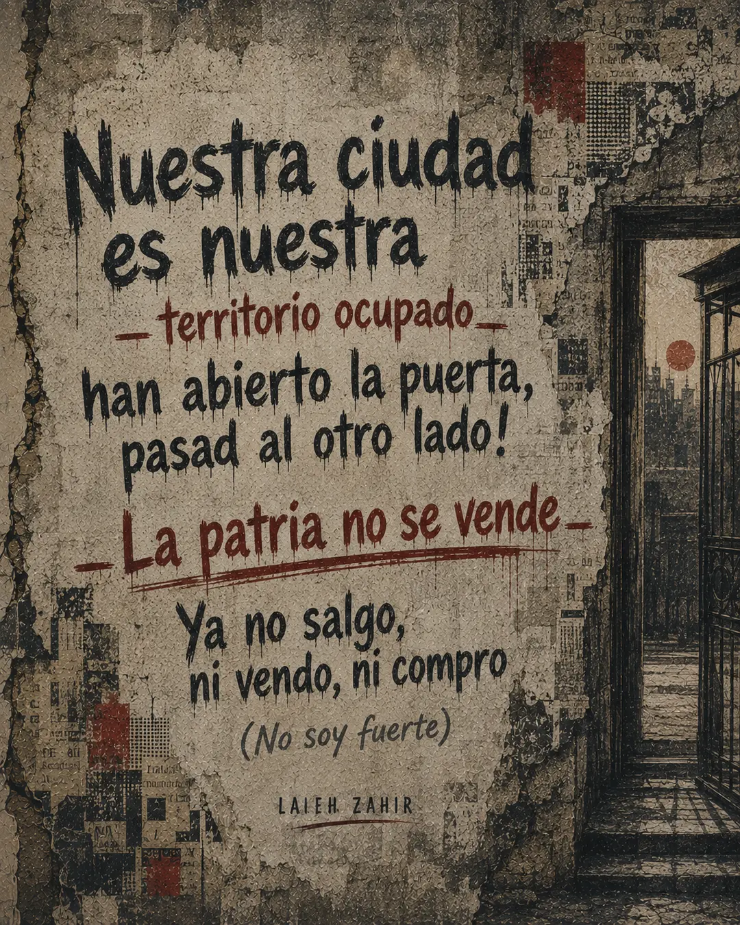 Lámina con los versos «Nuestra ciudad es nuestra… La patria no se vende» sobre un muro junto a una puerta de reja