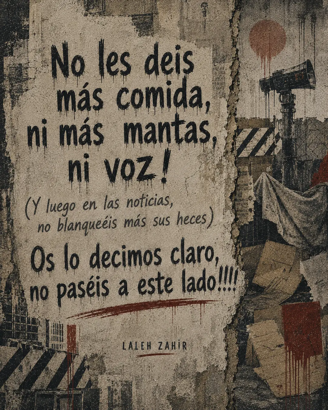Lámina con los versos «No les deis más comida, ni más mantas, ni voz» junto a un altavoz y vallas de obra