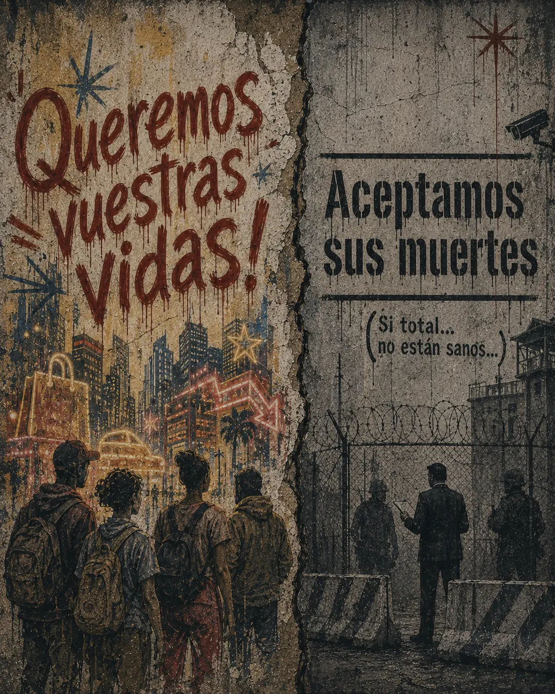 Lámina dividida: «¡Queremos vuestras vidas!» frente a una ciudad iluminada y «Aceptamos sus muertes» frente a una alambrada