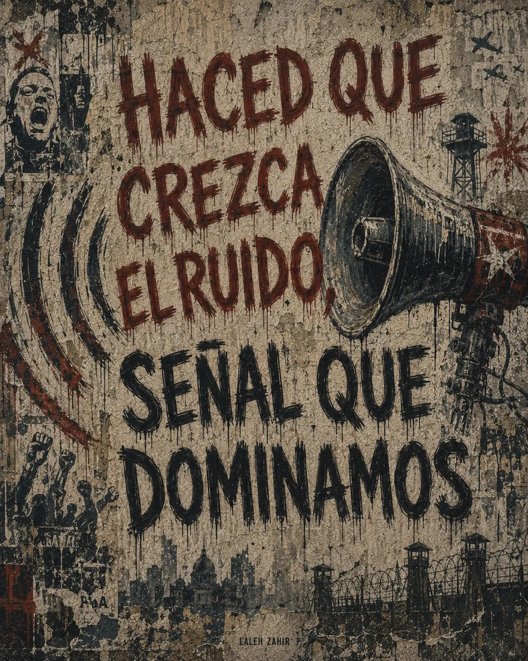 Lámina final: «Haced que crezca el ruido, señal que dominamos» con un megáfono y torres de vigilancia