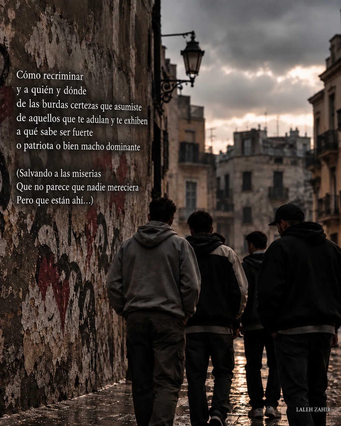 Cuatro jóvenes de espaldas caminando por una calle mojada al atardecer