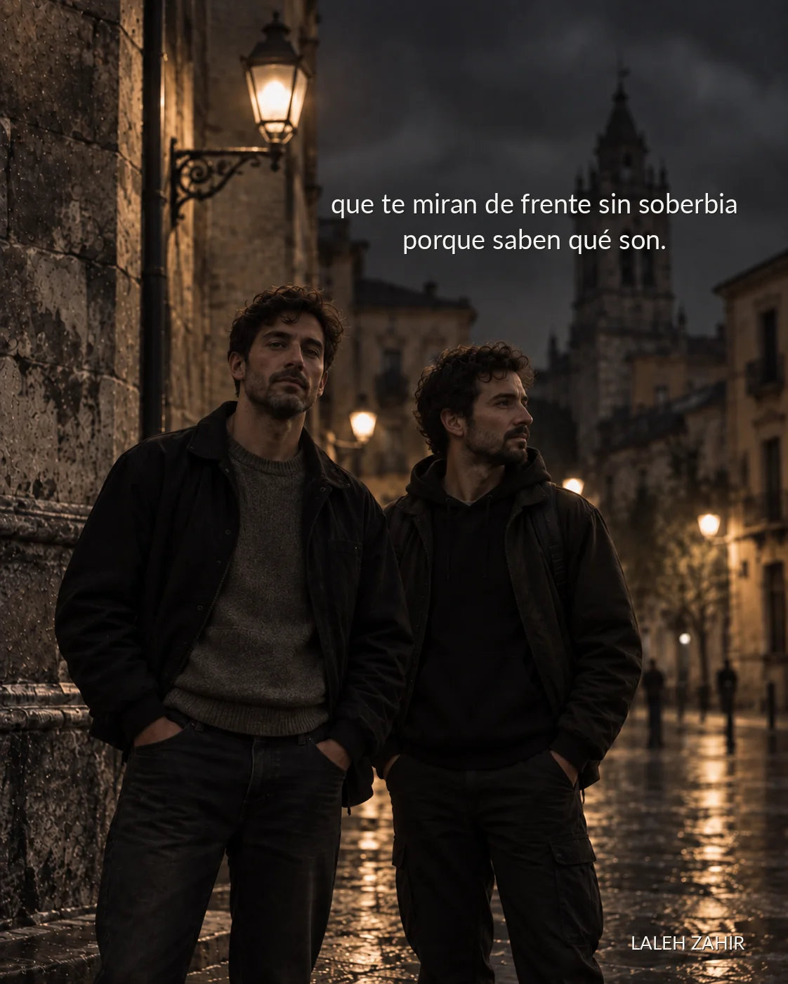 Dos hombres jóvenes de pie en una calle iluminada por farolas, mirando con serenidad