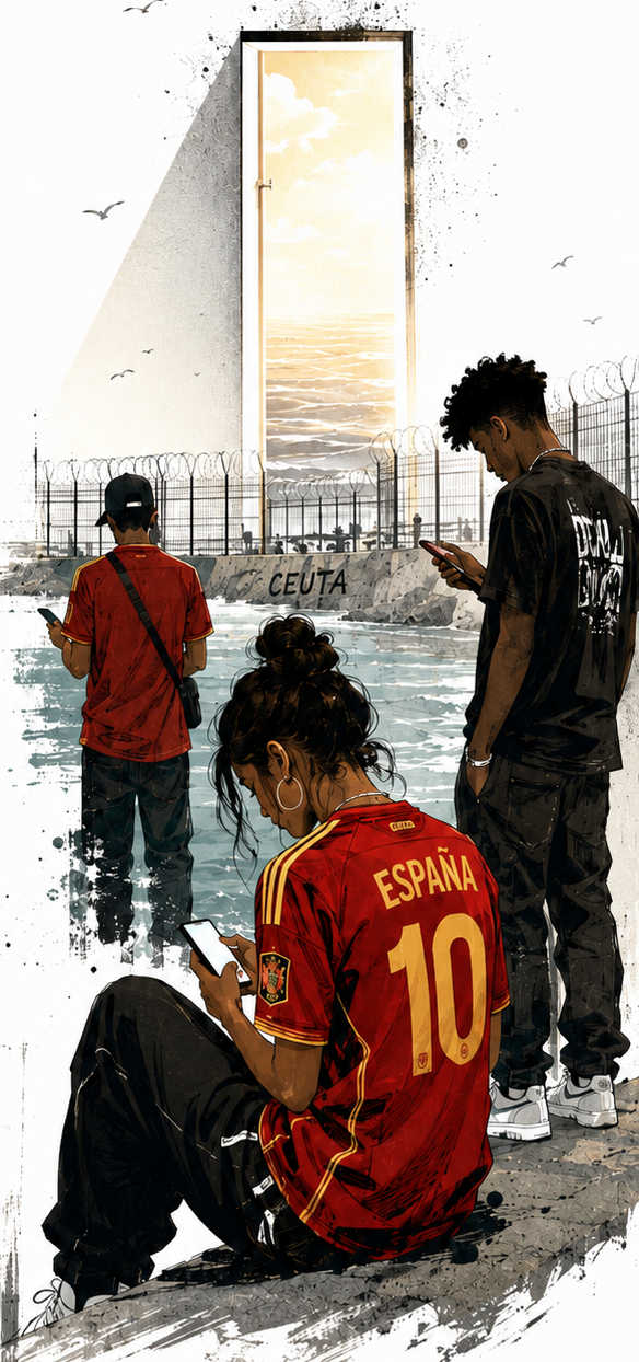 Ilustración: tres jóvenes mirando sus móviles junto a una valla frente al mar, con una puerta abierta al horizonte y la palabra Ceuta