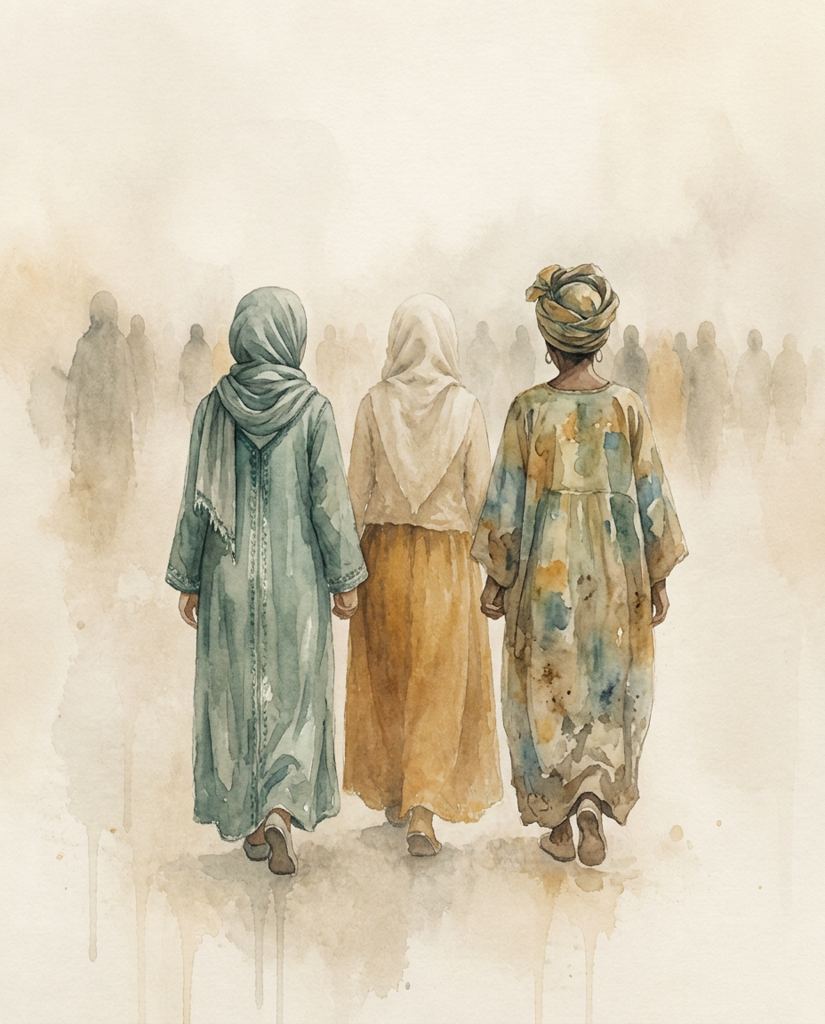 Acuarela: tres niñas de espaldas caminando hacia una multitud difuminada, una con chilaba y hijab magrebí, otra con hijab sencillo y otra con boubou senegalés y turbante