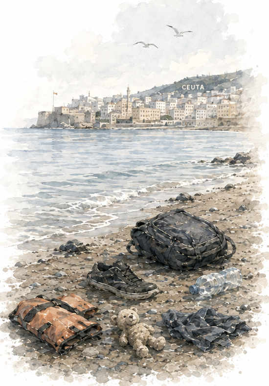 Acuarela: una playa con una mochila, unas zapatillas, un chaleco salvavidas y un osito de peluche, con la ciudad de Ceuta al fondo